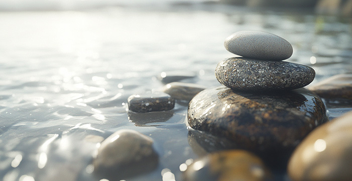 Piedras lisas apiladas unas sobre otras en agua poco profunda. El agua es clara y las piedras están mojadas, reflejando la luz. El fondo está ligeramente desenfocado, sugiriendo un ambiente tranquilo y pacífico cerca de un cuerpo de agua.