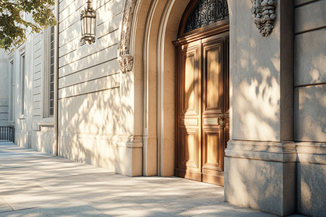 Puerta de madera ornamentada dentro de un arco de piedra. La puerta tiene paneles intrincados y está flanqueada por detalles en piedra. Las sombras de las ramas de los árboles se proyectan en la fachada del edificio, sugiriendo que es de día.