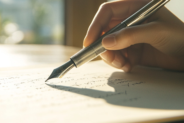 Primer plano de una mano sosteniendo una pluma estilográfica, escribiendo en una hoja de papel. La hoja tiene escritura cursiva, aunque el texto no es completamente legible. La escena está bien iluminada con luz natural, sugiriendo que podría estar cerca de una ventana o en un área con abundante luz solar.