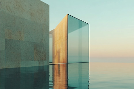 Estructura arquitectónica moderna con grandes paneles de vidrio y paredes de piedra, parcialmente sumergida en agua tranquila. La escena está ambientada contra un cielo sereno, creando una atmósfera reflexiva y tranquila